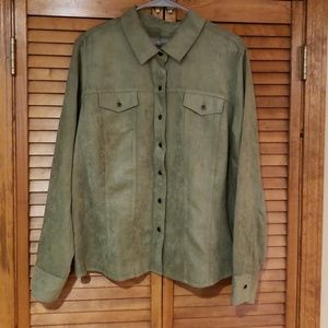 Green suede look long sleeve button-down shirt